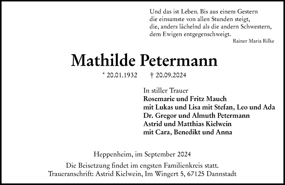  Traueranzeige für Mathilde Petermann vom 28.09.2024 aus Starkenburger Echo