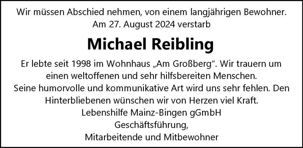 Traueranzeige für Michael Reibling vom 07.09.2024 aus Allgemeine Zeitung Mainz