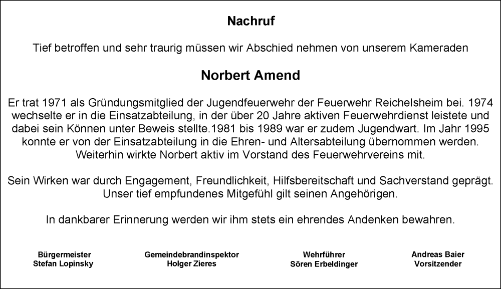  Traueranzeige für Norbert Amend vom 07.09.2024 aus Odenwälder Echo