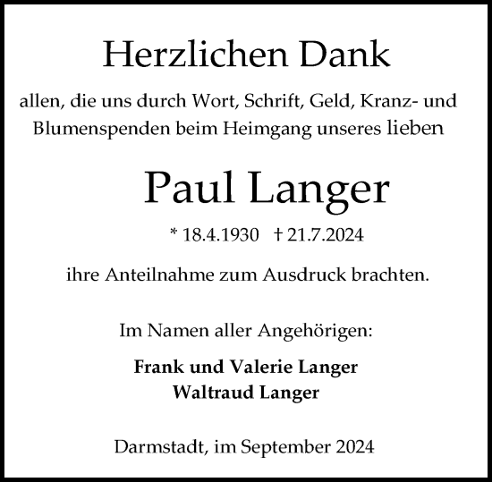 Traueranzeige von Paul Langer von Darmstädter Echo