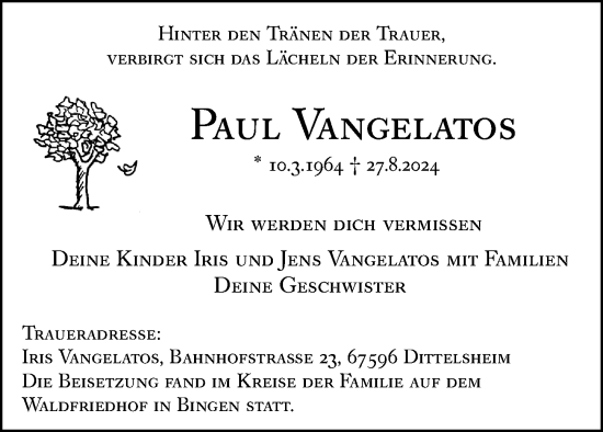Traueranzeige von Paul Vangelatos von Allgemeine Zeitung Rheinhessen-Nahe