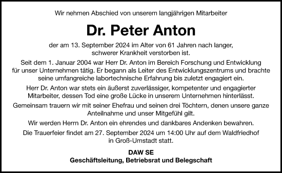 Traueranzeige von Peter Anton von Darmstädter Echo