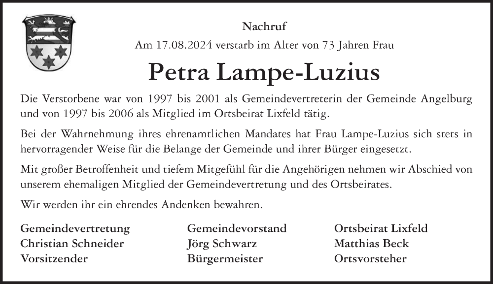  Traueranzeige für Petra Lampe-Luzius vom 12.09.2024 aus Hinterländer Anzeiger