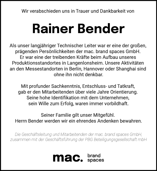 Traueranzeige von Rainer Bender von Allgemeine Zeitung Rheinhessen-Nahe