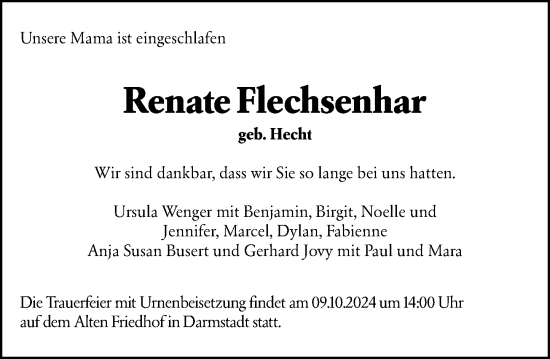Traueranzeige von Renate Flechsenhar von Darmstädter Echo