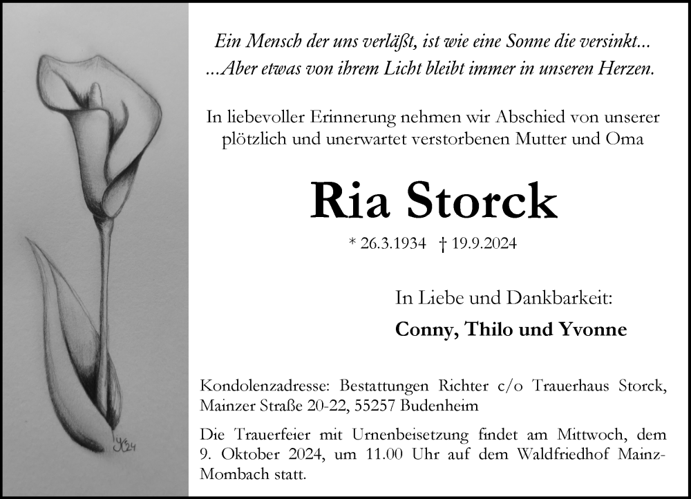  Traueranzeige für Ria Storck vom 28.09.2024 aus Allgemeine Zeitung Mainz