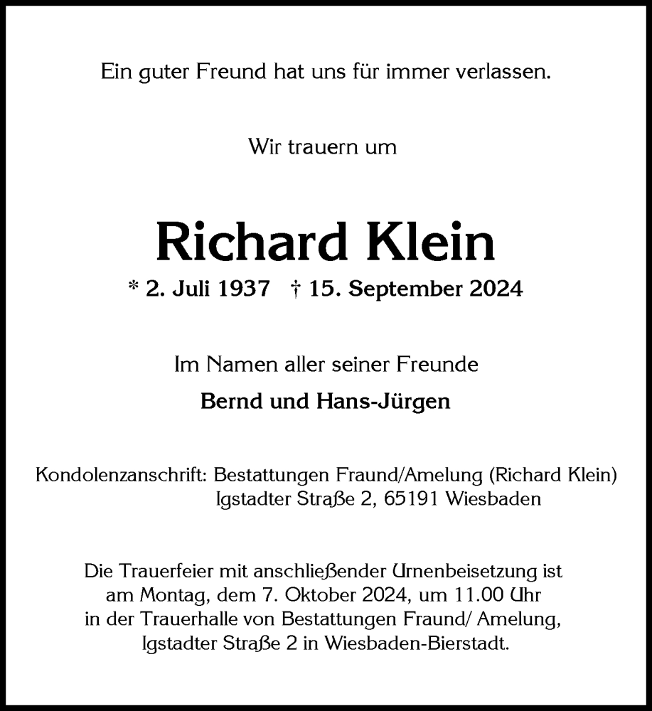  Traueranzeige für Richard Otto Klein vom 28.09.2024 aus Wiesbadener Kurier