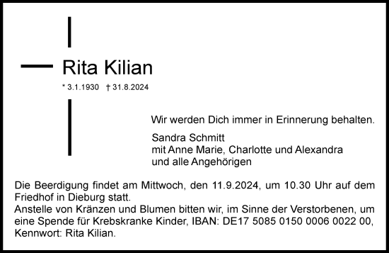 Traueranzeige von Rieta Kilian von Dieburger Anzeiger/Groß-Zimmerner Lokal-Anzeiger