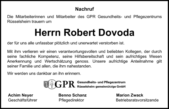 Traueranzeige von Robert Dovoda von Rüsselsheimer Echo