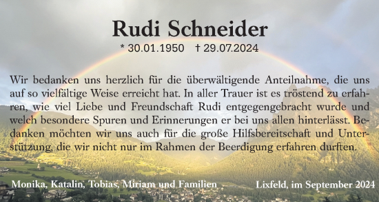 Traueranzeige von Rudi Schneider von Hinterländer Anzeiger