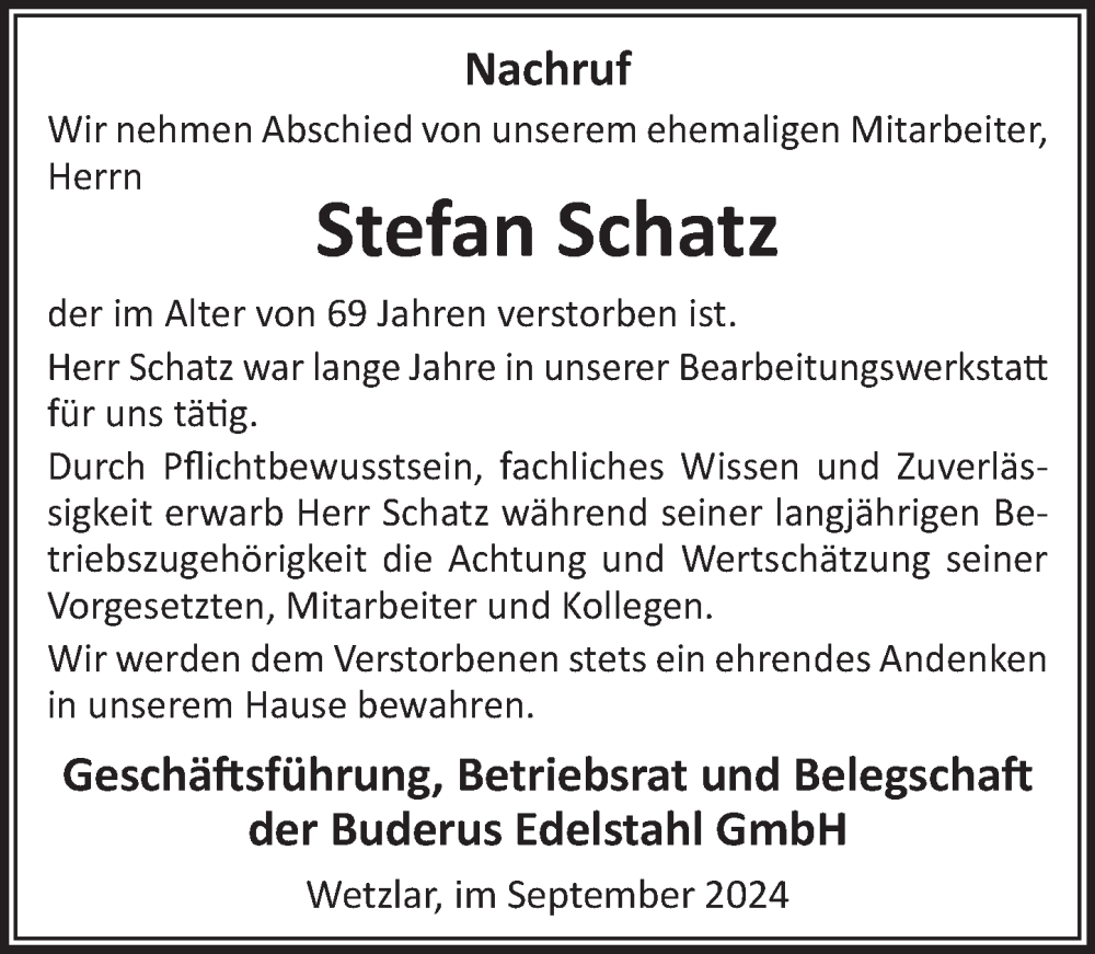  Traueranzeige für Stefan Schatz vom 25.09.2024 aus Wetzlarer Neue Zeitung