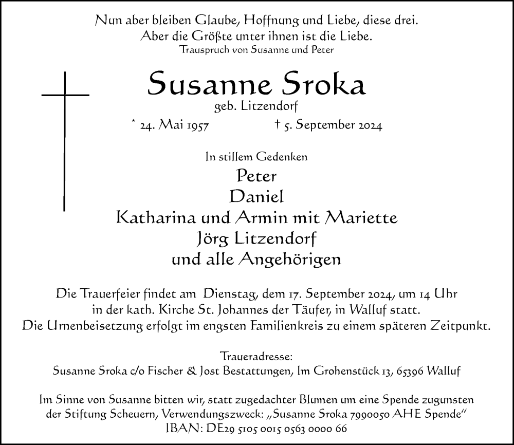  Traueranzeige für Susanne Sroka vom 14.09.2024 aus Wiesbadener Kurier