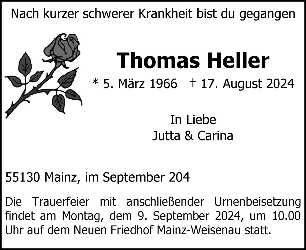  Traueranzeige für Thomas Heller vom 07.09.2024 aus Allgemeine Zeitung Mainz