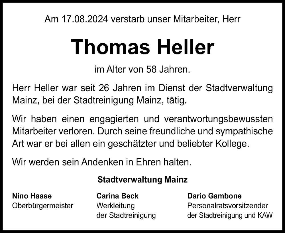  Traueranzeige für Thomas Heller vom 07.09.2024 aus Allgemeine Zeitung Mainz