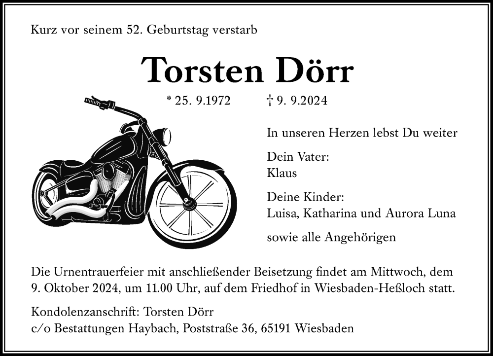  Traueranzeige für Torsten Dörr vom 28.09.2024 aus Wiesbadener Kurier