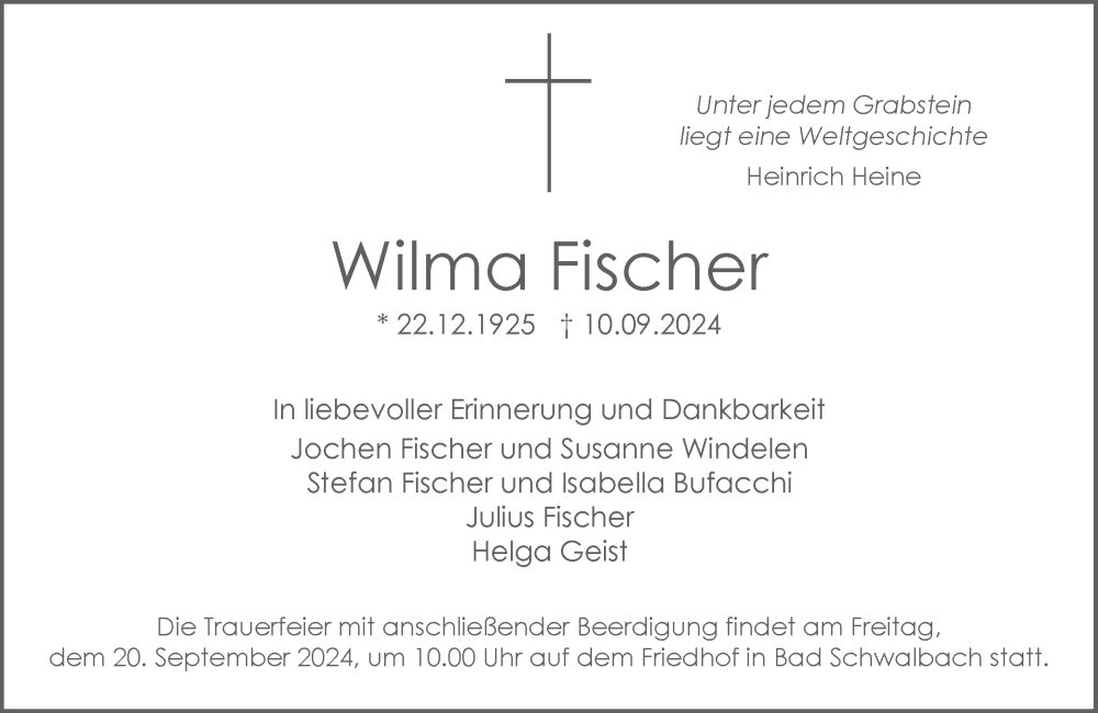  Traueranzeige für Wilma Fischer vom 14.09.2024 aus Wiesbadener Kurier