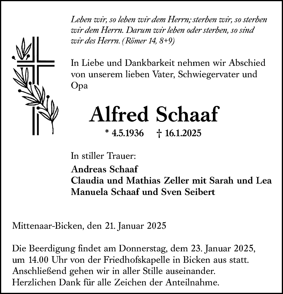  Traueranzeige für Alfred Schaaf vom 21.01.2025 aus Dill Block