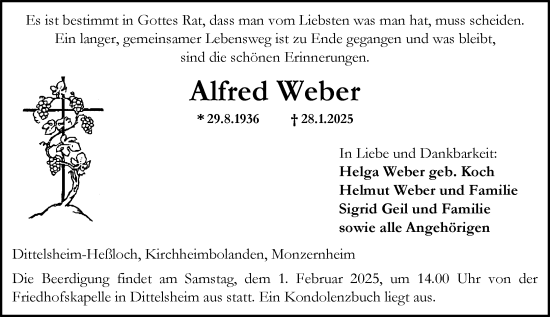 Traueranzeige von Alfred Weber von Wormser Zeitung