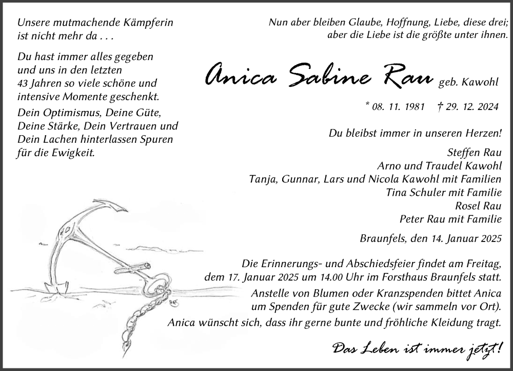  Traueranzeige für Anica Sabine Rau vom 14.01.2025 aus Wetzlarer Neue Zeitung
