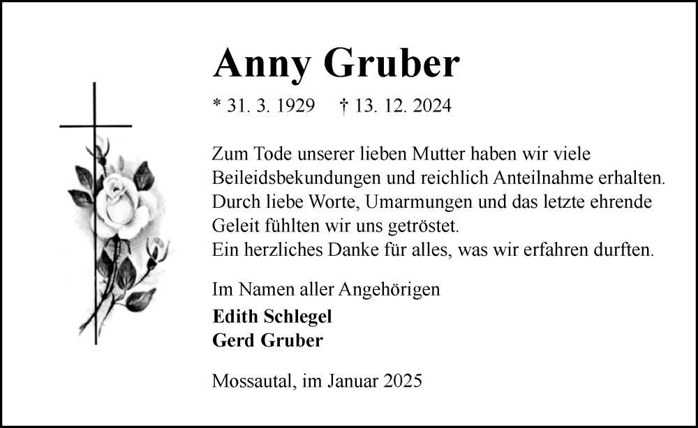  Traueranzeige für Anny Gruber vom 18.01.2025 aus Odenwälder Echo