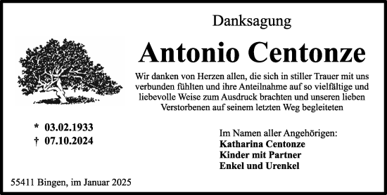 Traueranzeige von Antonio Centonze von Allgemeine Zeitung Rheinhessen-Nahe