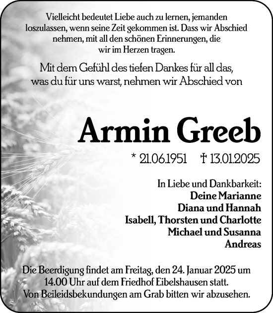 Traueranzeige von Armin Greeb von Dill Block
