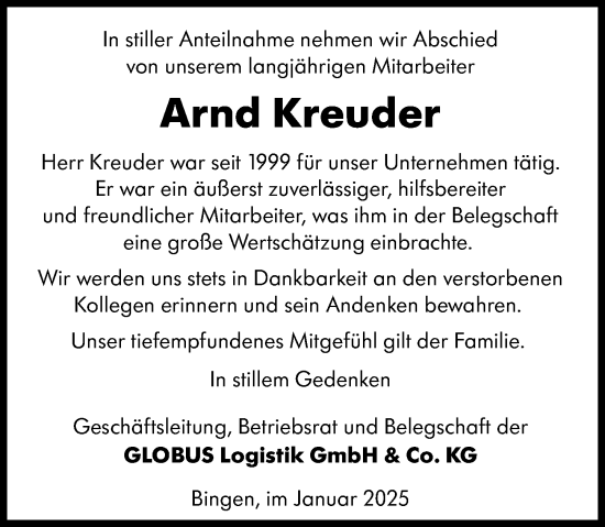 Traueranzeige von Arnd Kreuder von Allgemeine Zeitung Rheinhessen-Nahe