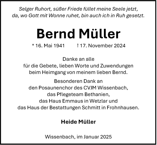 Traueranzeige von Bernd Müller von Dill Block