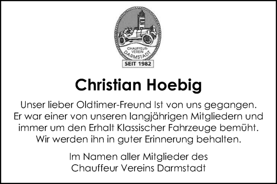 Traueranzeige von Christian Hoebig von Darmstädter Echo