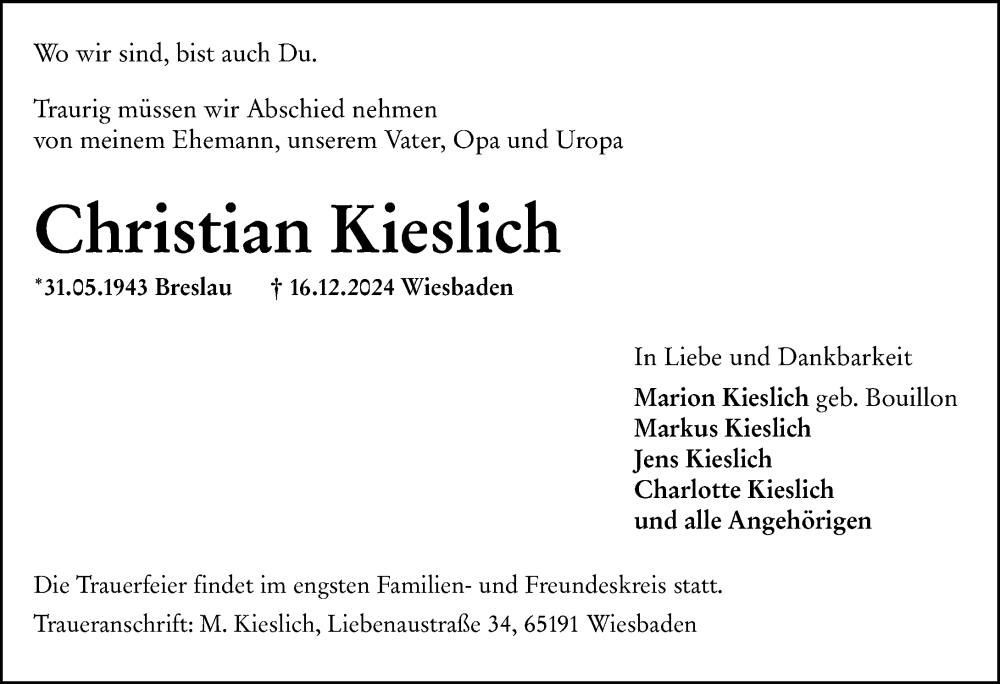  Traueranzeige für Christian Kieslich vom 04.01.2025 aus Wiesbadener Kurier
