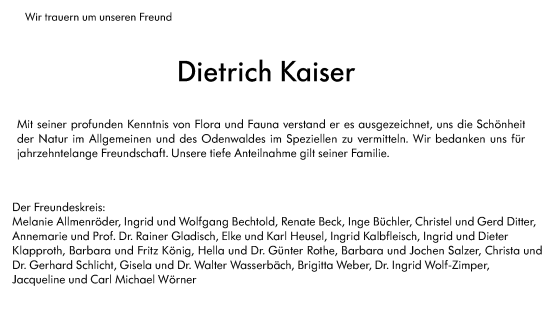 Traueranzeige von Dietrich Kaiser von Odenwälder Echo