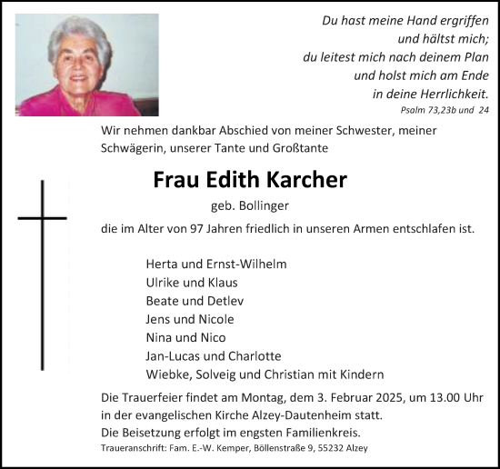 Traueranzeige von Edith Karcher von Allgemeine Zeitung Alzey