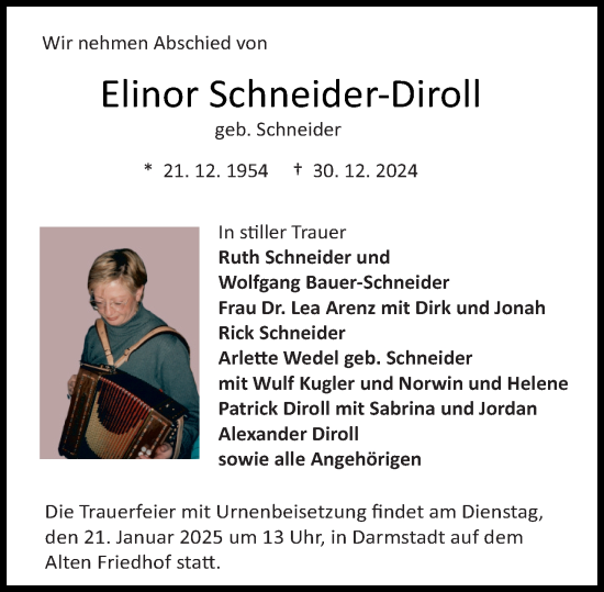Traueranzeige von Elinor Schneider-Diroll von Darmstädter Echo