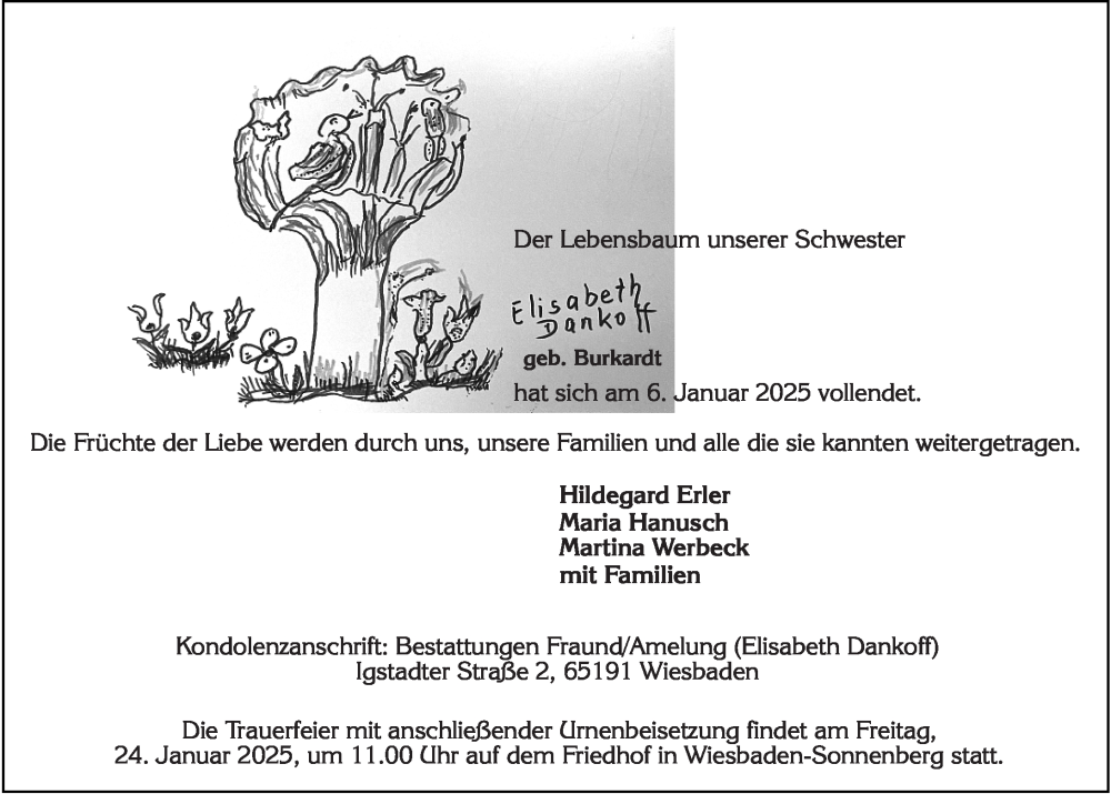  Traueranzeige für Elisabeth Dankoff vom 11.01.2025 aus Wiesbadener Kurier