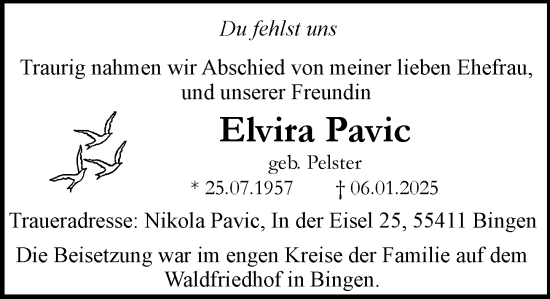 Traueranzeige von Elvira Pavic von Binger-/Ingelheimer Wochenblatt
