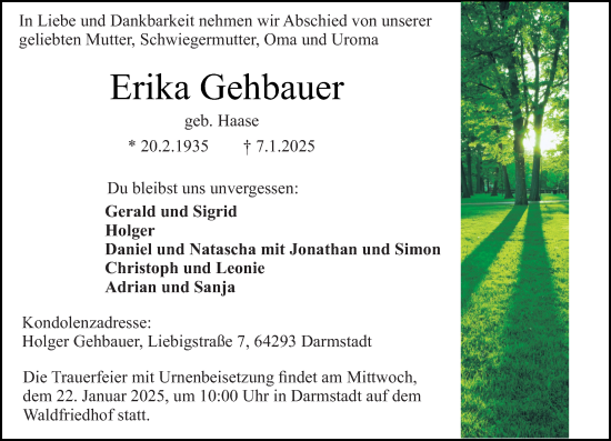 Traueranzeige von Erika Gehbauer von Darmstädter Echo