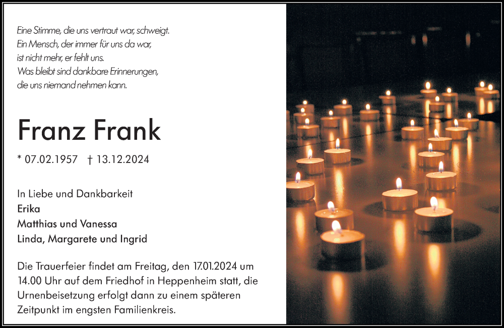  Traueranzeige für Franz Frank vom 11.01.2025 aus Starkenburger Echo