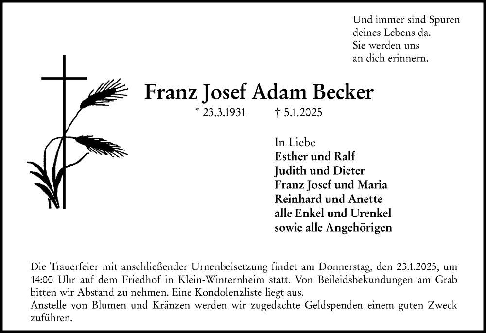  Traueranzeige für Franz Josef Adam Becker vom 11.01.2025 aus Allgemeine Zeitung Mainz