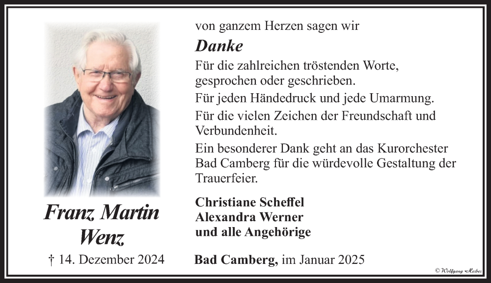  Traueranzeige für Franz Martin Wenz vom 16.01.2025 aus Camberger Anzeiger