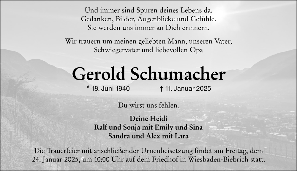  Traueranzeige für Gerold Schumacher vom 18.01.2025 aus Wiesbadener Kurier