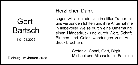 Traueranzeige von Gert Bartsch von Dieburger Anzeiger/Groß-Zimmerner Lokal-Anzeiger