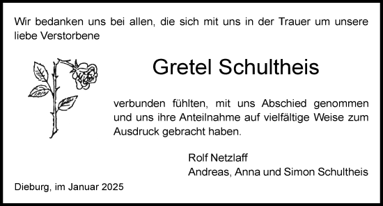Traueranzeige von Gretel Schultheis von Dieburger Anzeiger/Groß-Zimmerner Lokal-Anzeiger