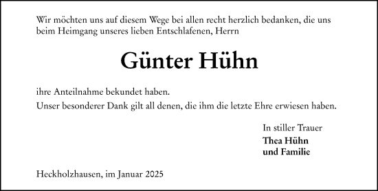 Traueranzeige von Günter Hühn von Weilburger Tageblatt