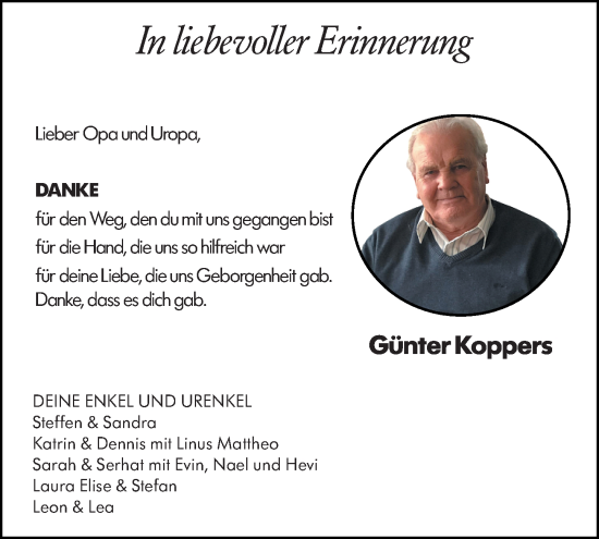 Traueranzeige von Günter Koppers von Hinterländer Anzeiger
