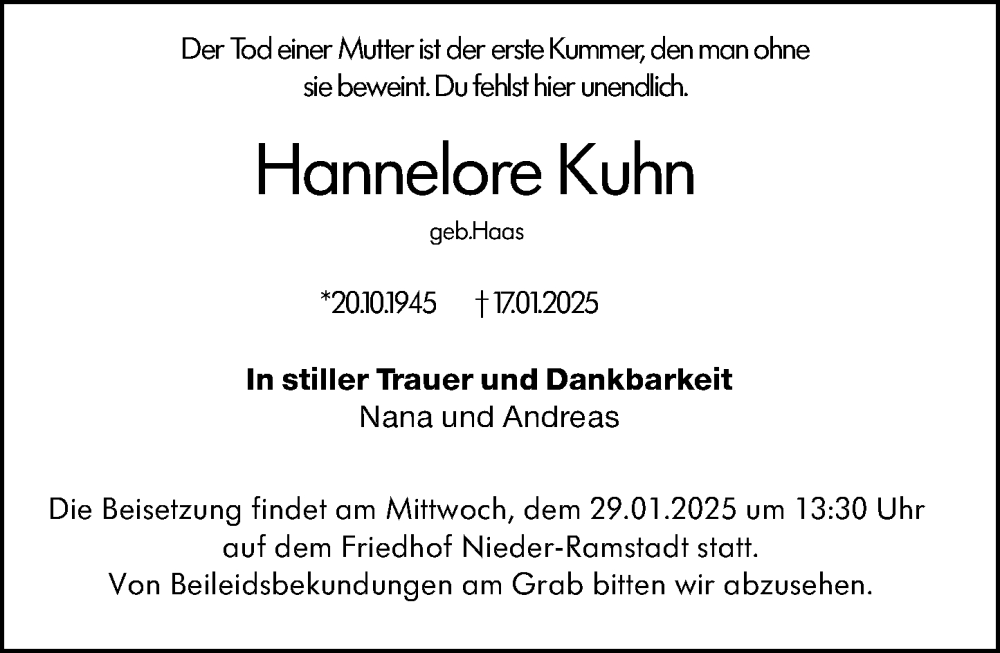  Traueranzeige für Hannelore Kuhn vom 25.01.2025 aus Darmstädter Echo