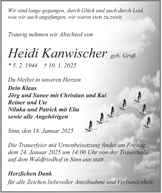 Traueranzeige von Heidi Kanwischer von Dill Block
