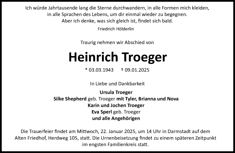  Traueranzeige für Heinrich Troeger vom 11.01.2025 aus Darmstädter Echo