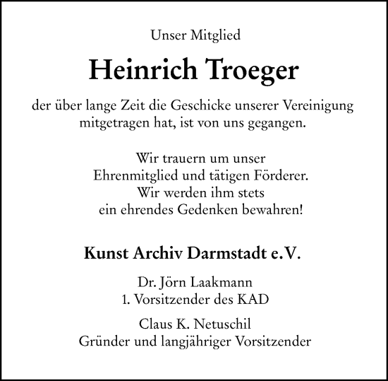 Traueranzeige von Heinrich Troeger von Darmstädter Echo