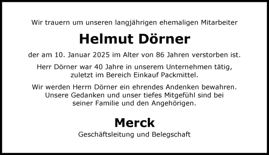 Traueranzeige von Helmut Dörner von Darmstädter Echo