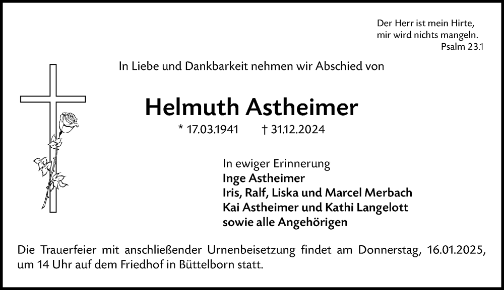 Traueranzeige für Helmuth Astheimer vom 11.01.2025 aus Groß-Gerauer Echo